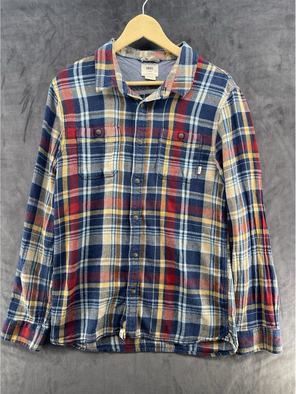 Vans Flannel Shirt Blue Yellow Grey & Maroon Plaid LS Tailored Fit Men’s Large